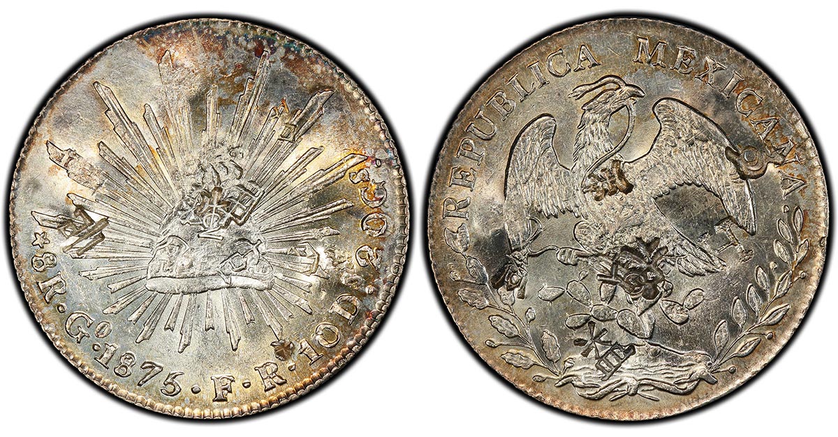1875-Go FR Cap & Rays 8 Reales, Guanajuato, Mexico mint